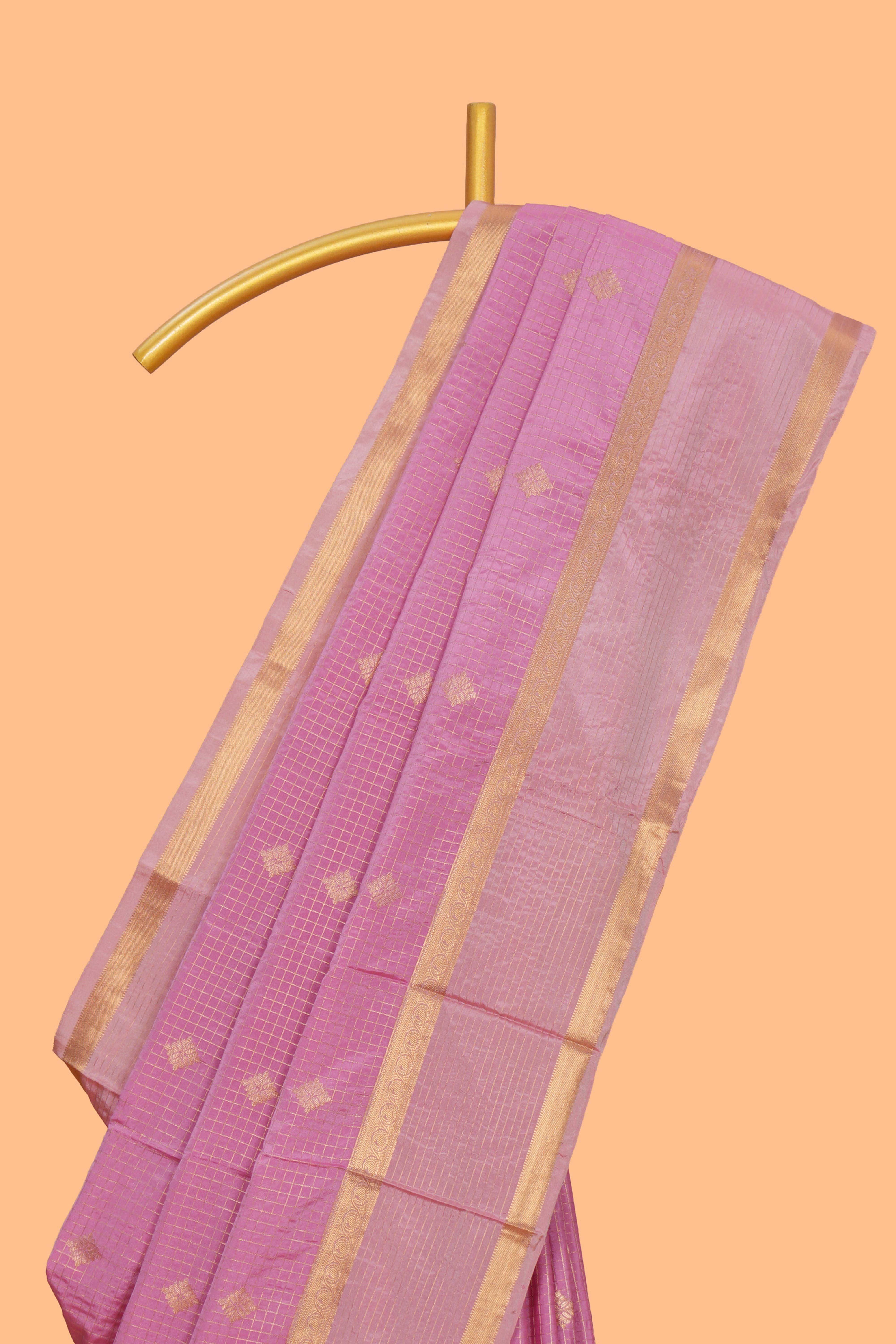 Pink checked zari motifs design saree with self zari border and matching blouse