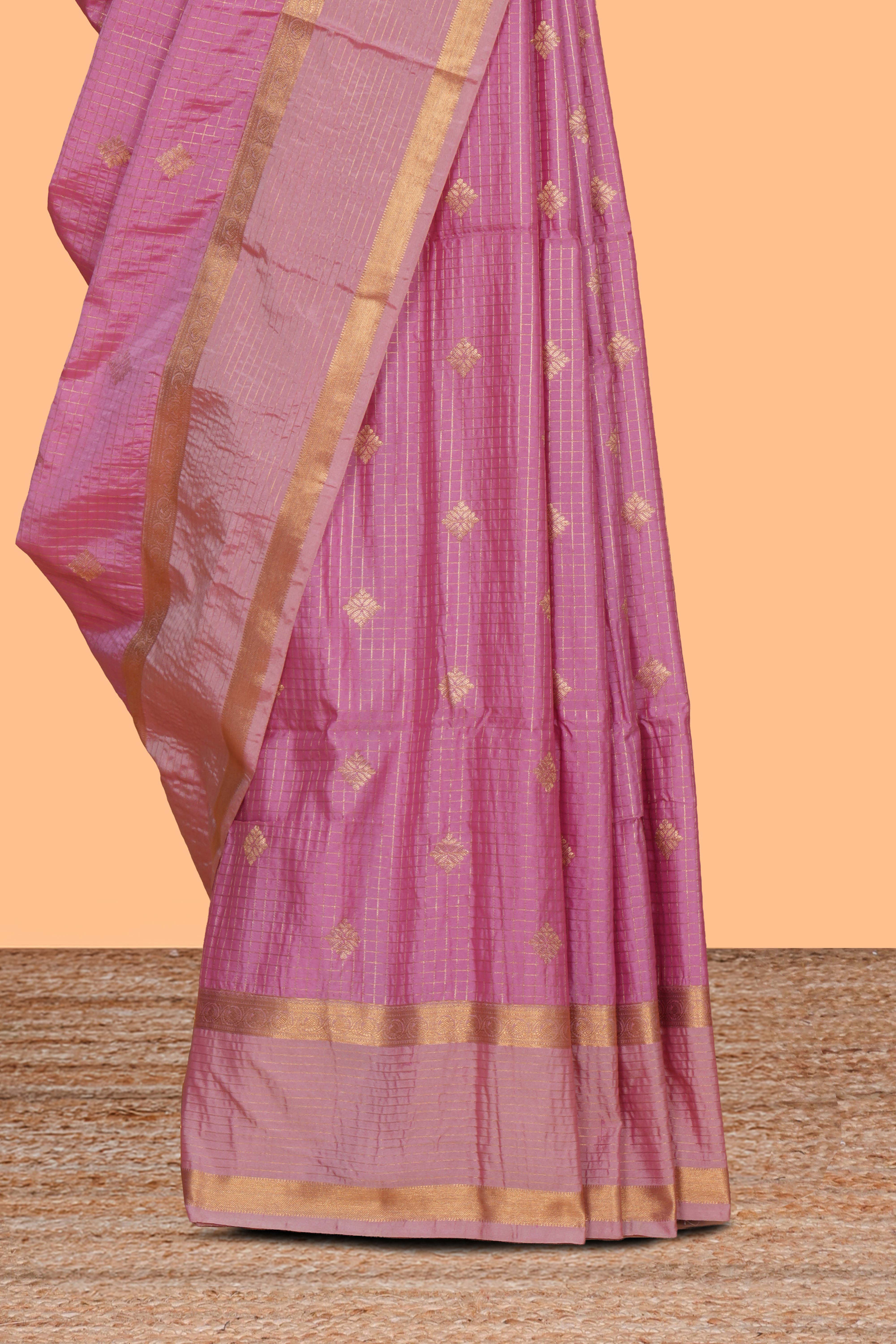Pink checked zari motifs design saree with self zari border and matching blouse