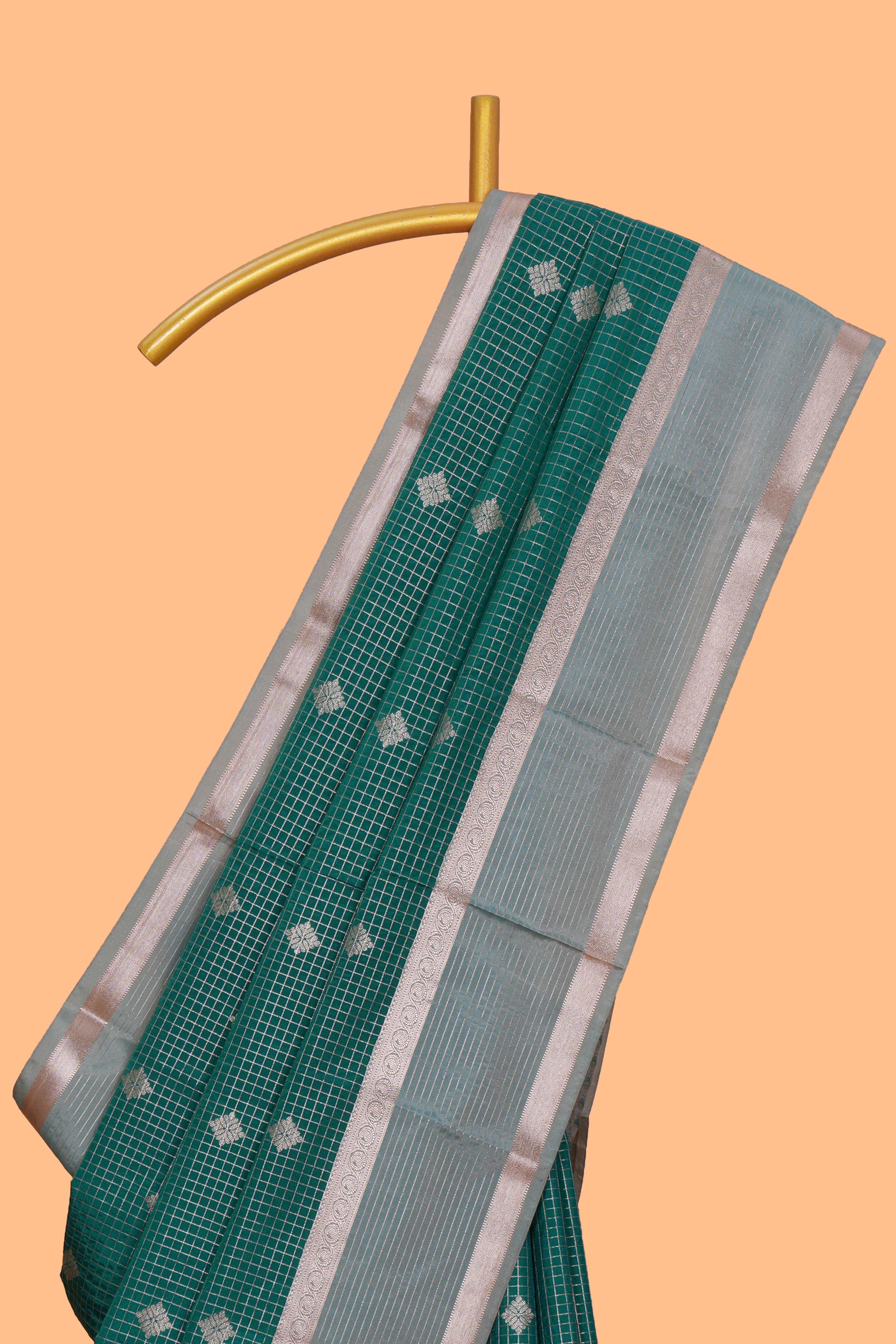 Green checked zari motifs design saree with self zari border and matching blouse