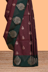Maroon striped zari motifs design saree with contrast zari border and plain blouse