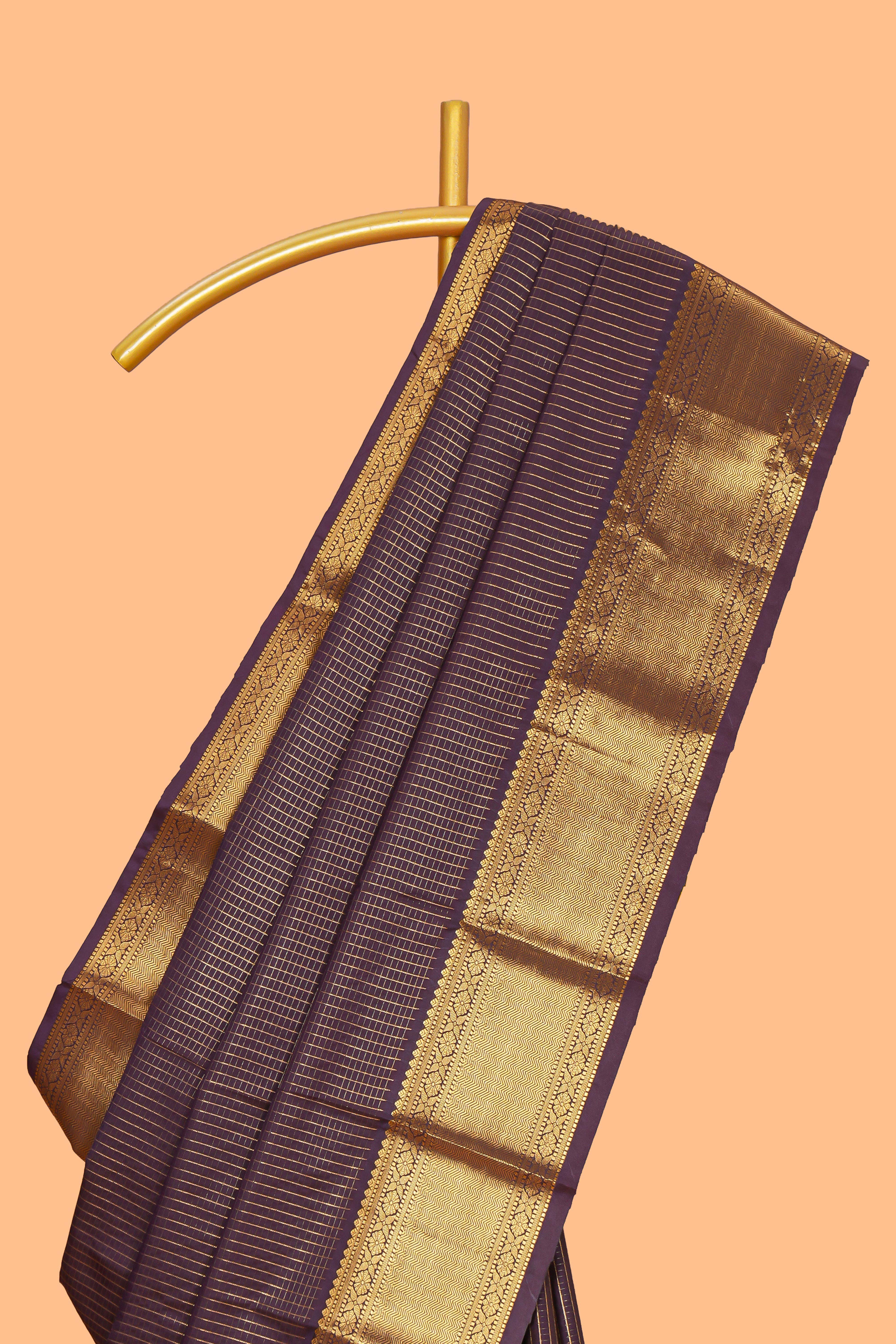 Dark mauve zari checked design semi soft silk saree with self zari border and matching blouse