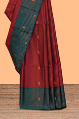 Maroon zari striped & floral motifs design semi soft silk saree with contrast zari border and plain blouse