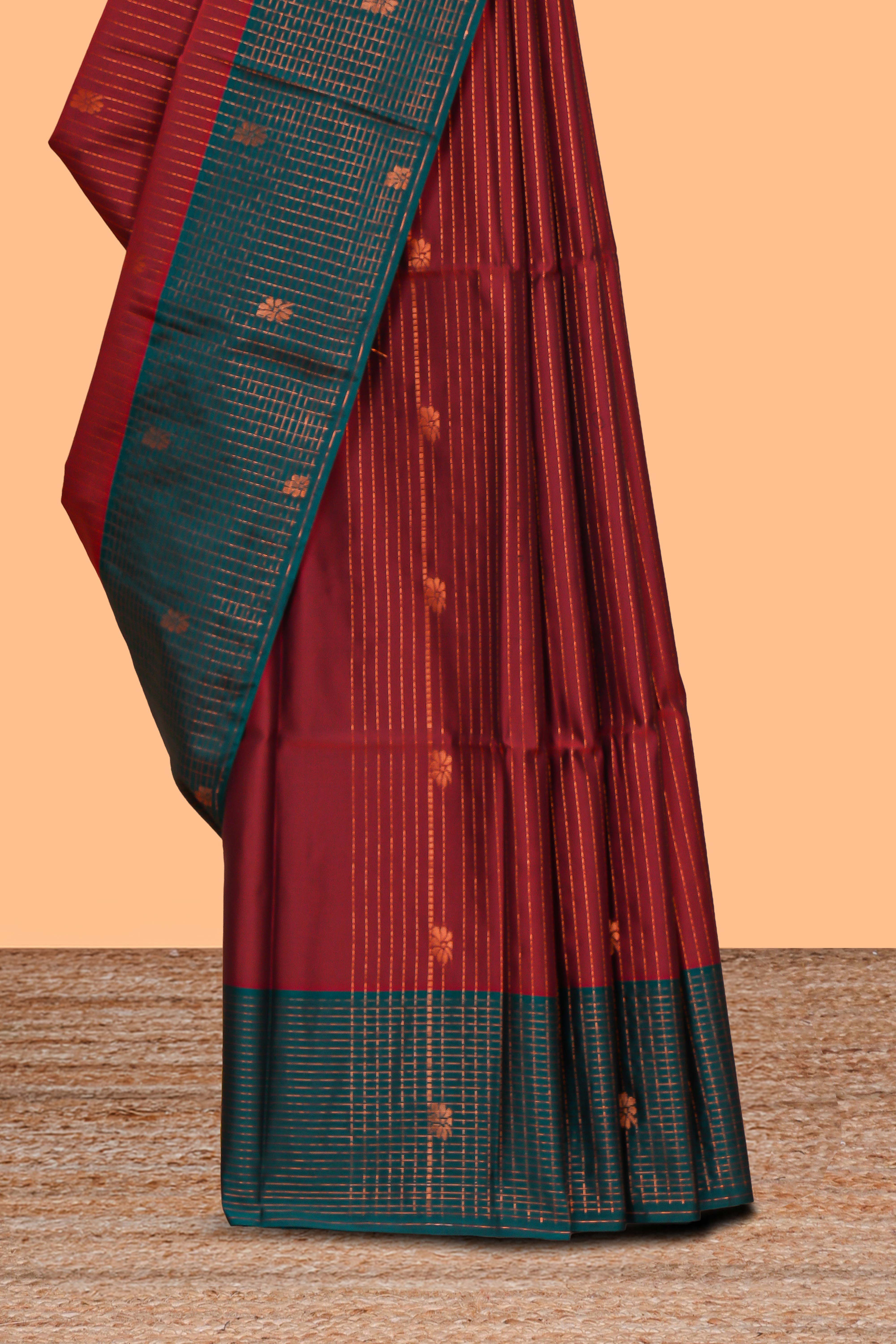 Maroon zari striped & floral motifs design semi soft silk saree with contrast zari border and plain blouse