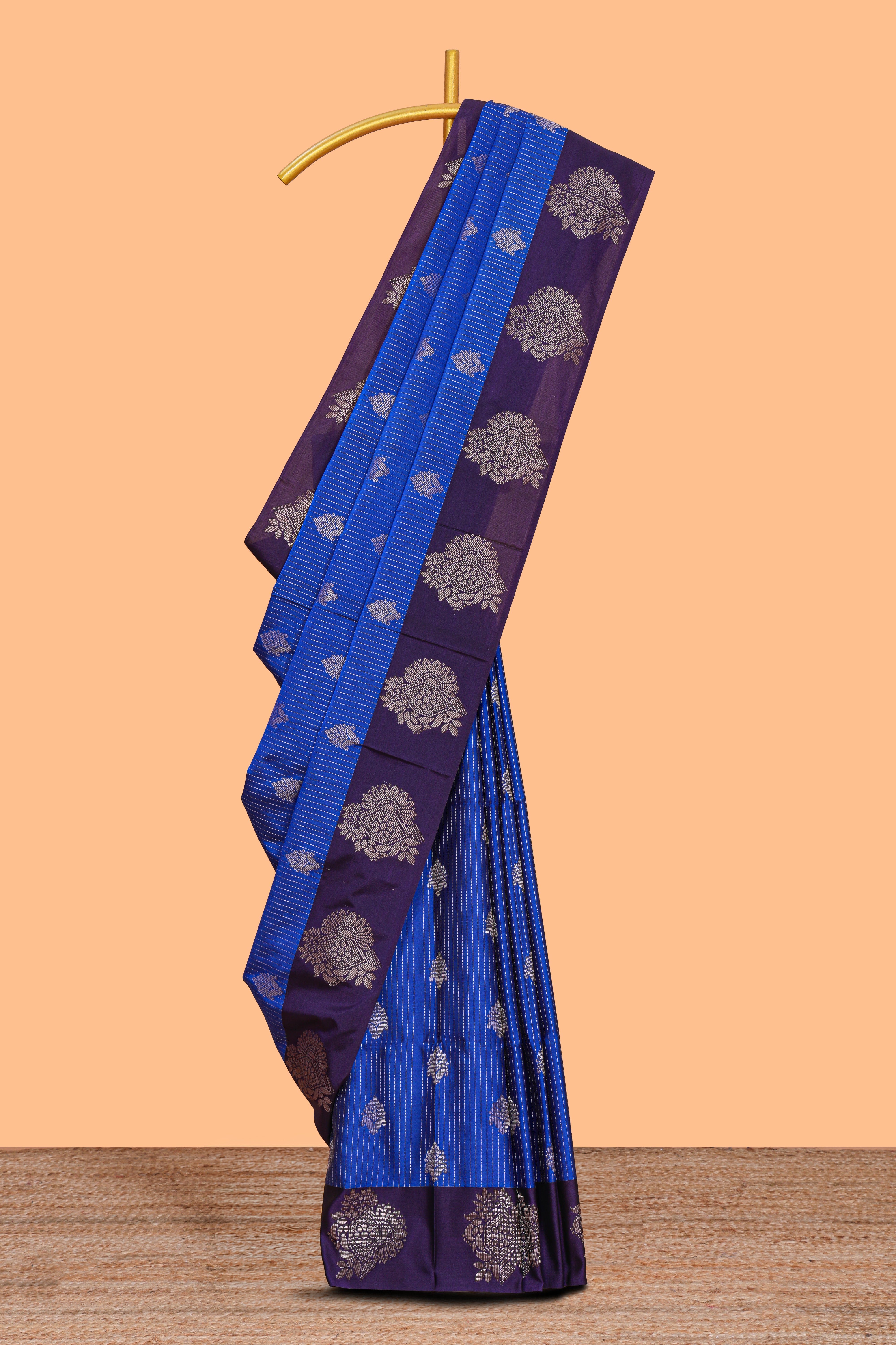Blue zari striped & floral motifs design semi soft silk saree with contrast zari border and plain blouse