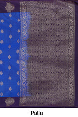 Blue zari striped & floral motifs design semi soft silk saree with contrast zari border and plain blouse