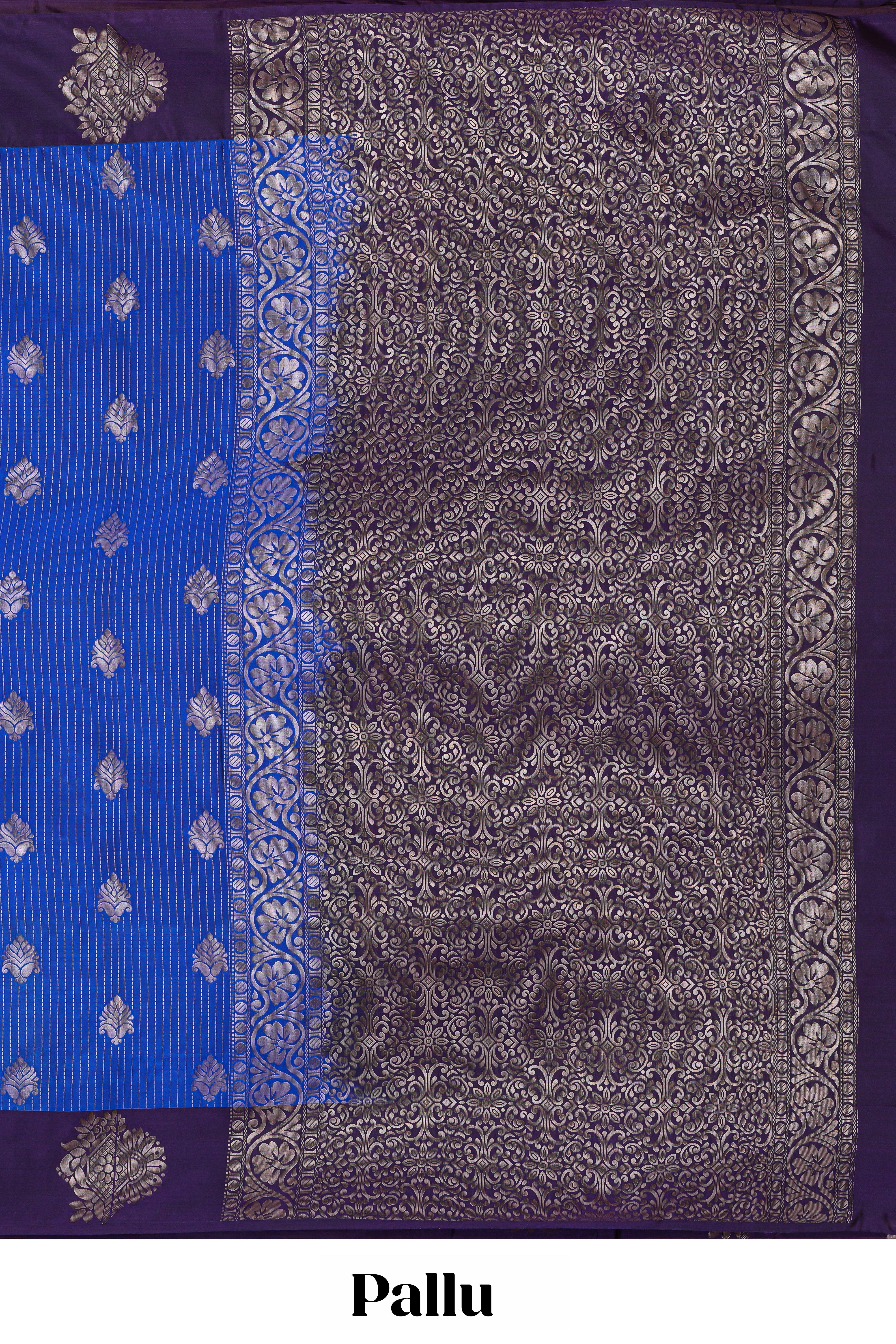 Blue zari striped & floral motifs design semi soft silk saree with contrast zari border and plain blouse