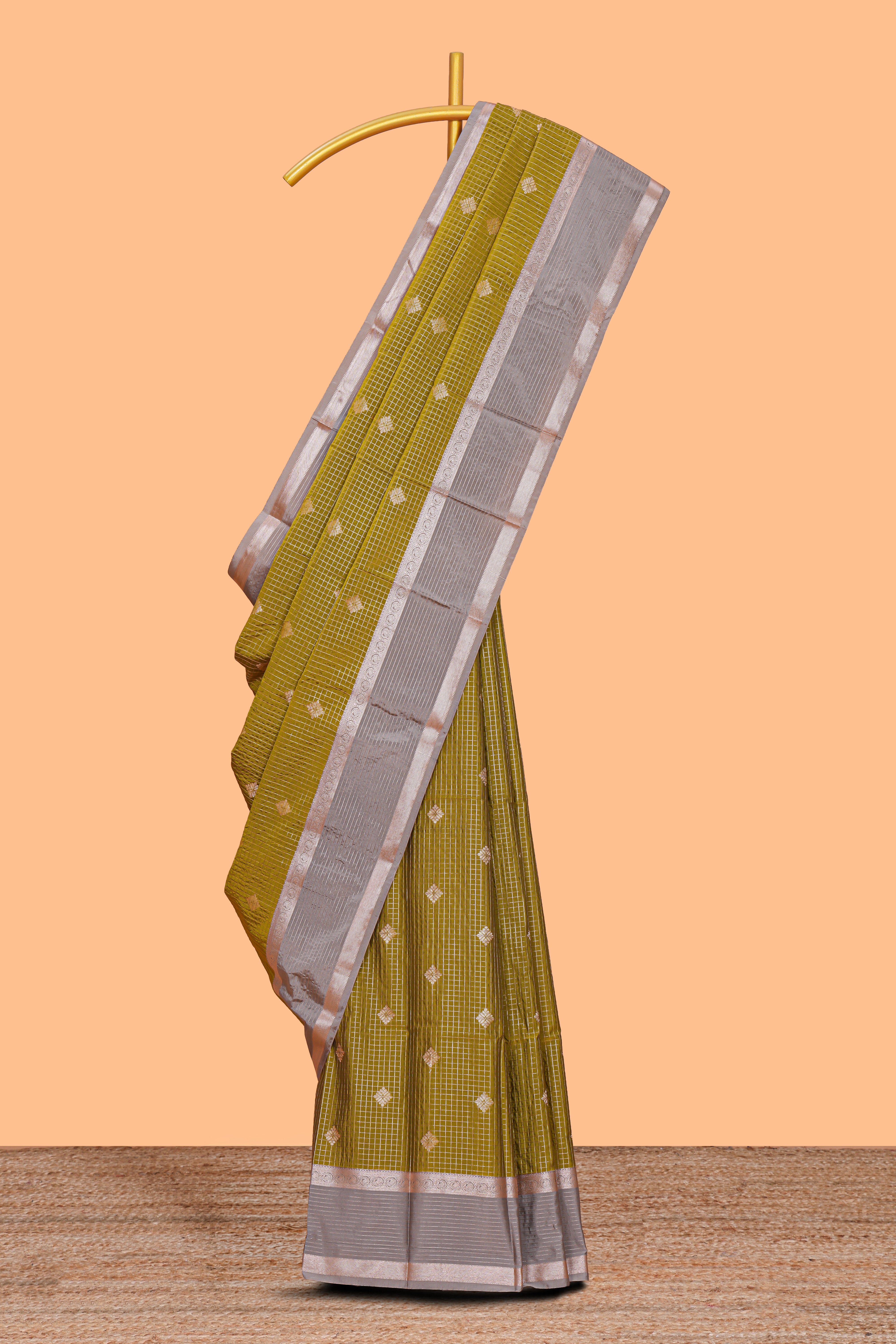 Mustard zari checked motifs design semi soft silk saree with contrast border and blouse