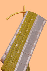 Mustard zari checked motifs design semi soft silk saree with contrast border and blouse