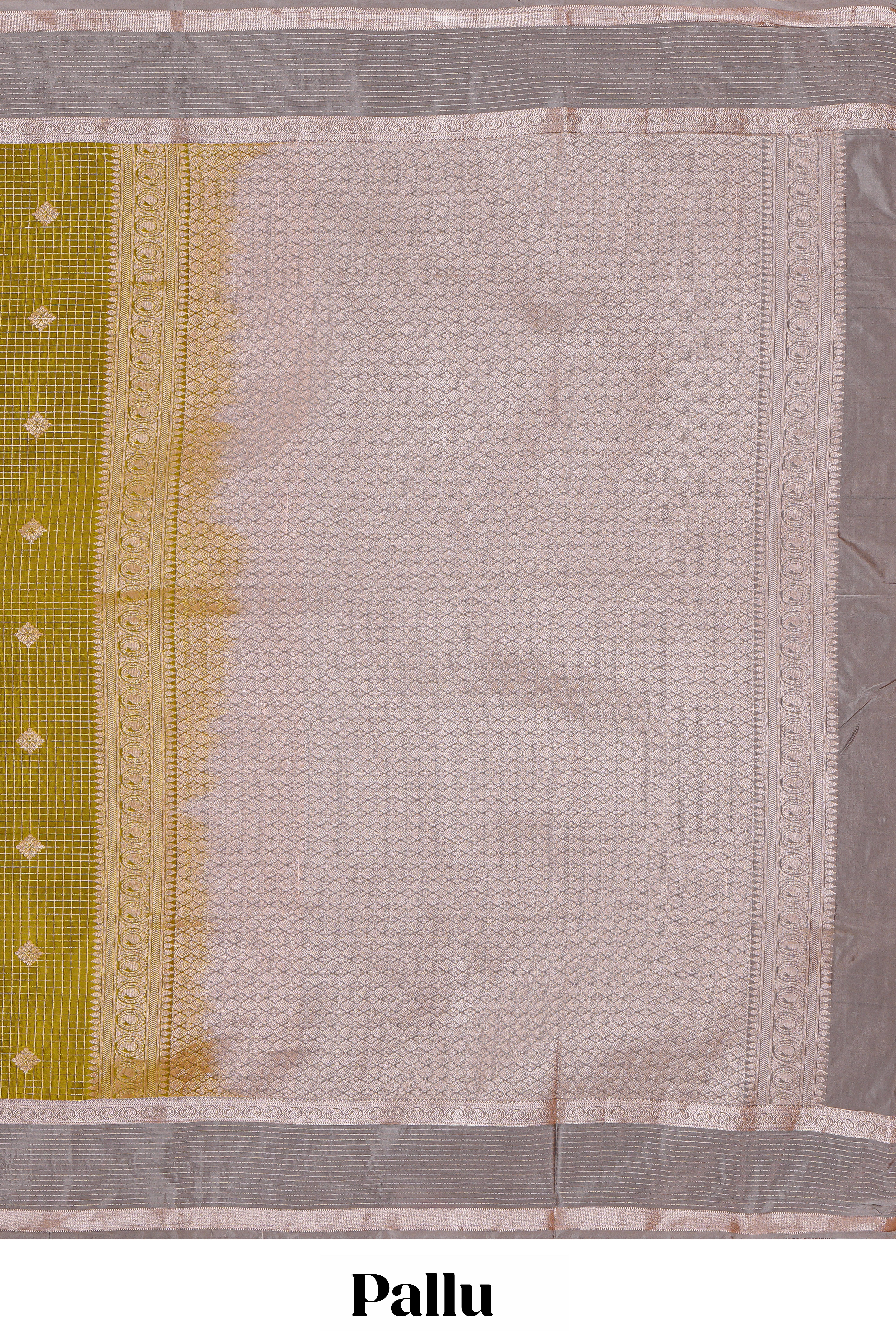 Mustard zari checked motifs design semi soft silk saree with contrast border and blouse