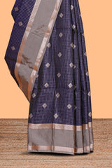 Berry blue zari checked motifs design semi soft silk saree with contrast border and blouse