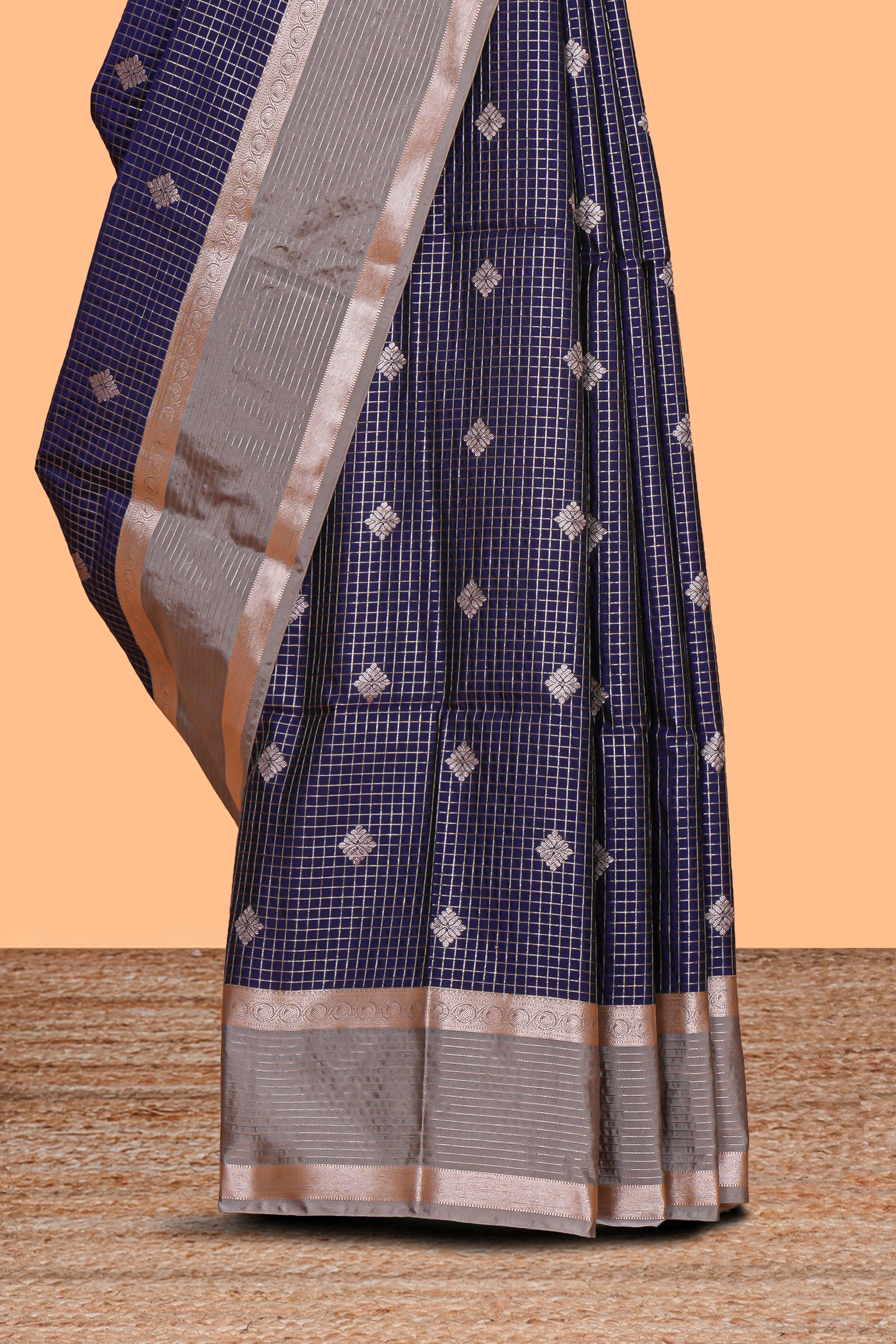 Berry blue zari checked motifs design semi soft silk saree with contrast border and blouse