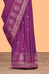 Magenta zari motifs design semi soft silk saree with self zari border and contrast blouse