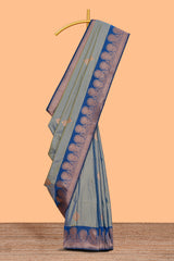 Tempered grey striped zari motifs design semi soft silk saree with contrast zari border and motifs blouse