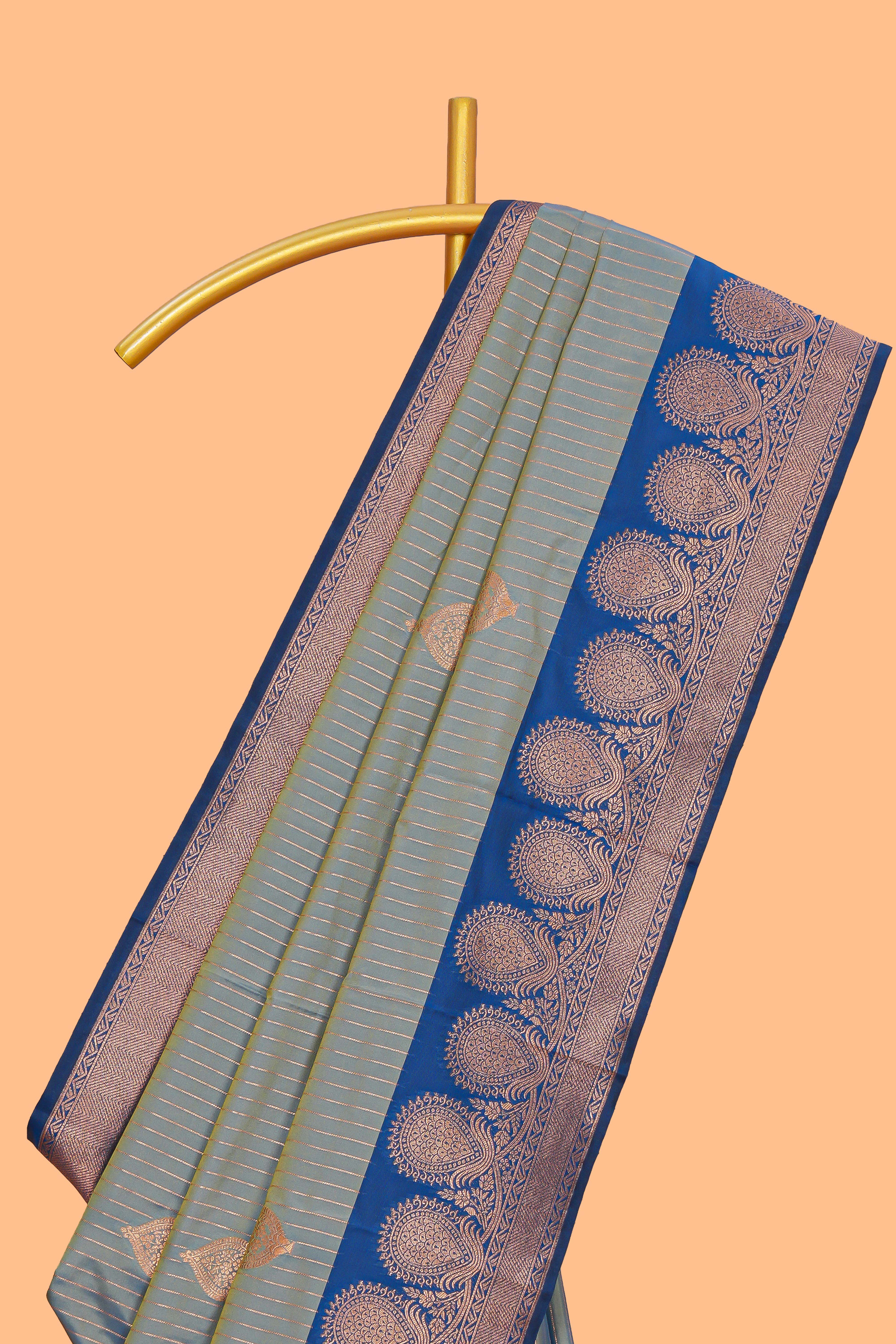 Tempered grey striped zari motifs design semi soft silk saree with contrast zari border and motifs blouse
