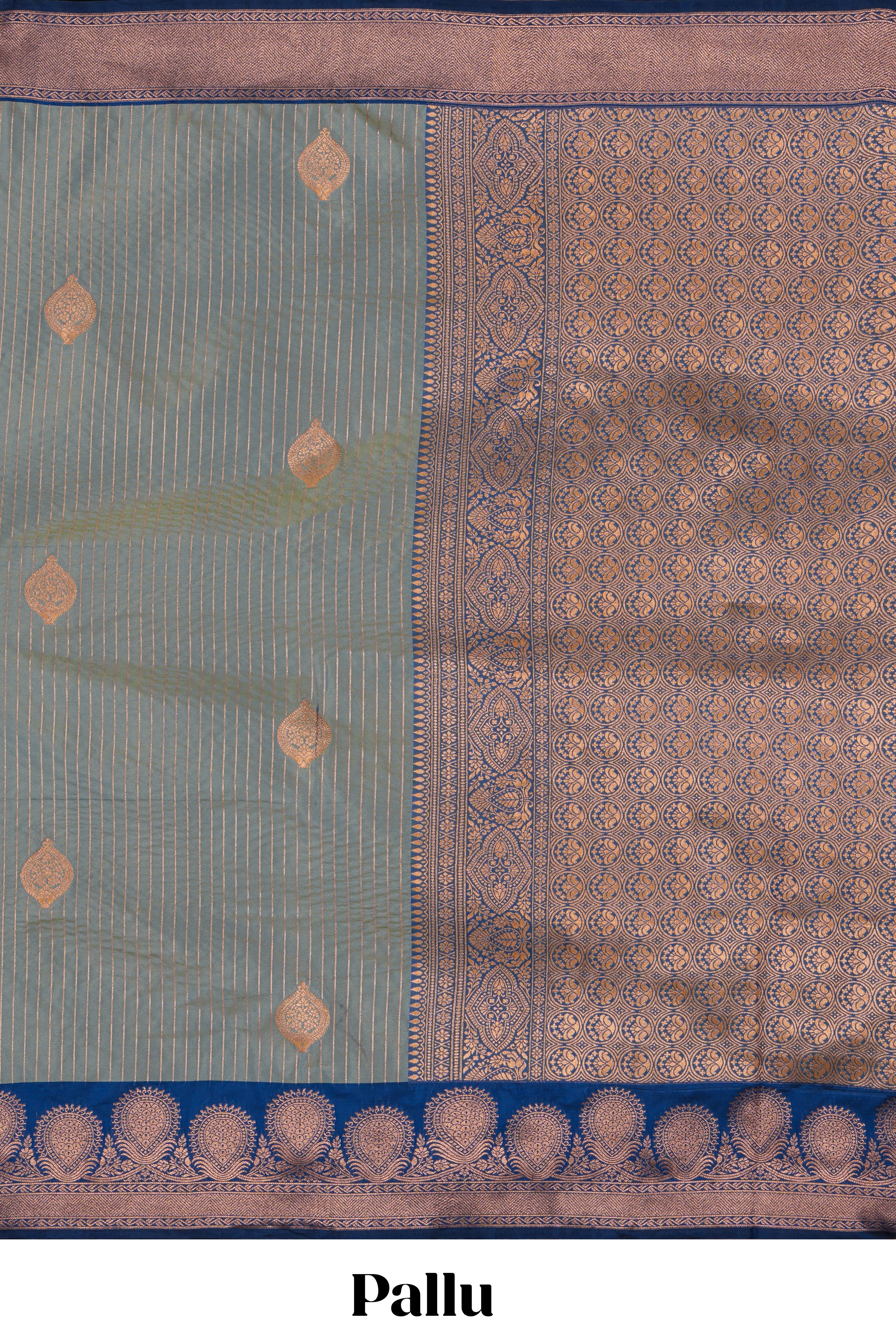 Tempered grey striped zari motifs design semi soft silk saree with contrast zari border and motifs blouse