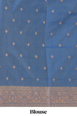 Tempered grey striped zari motifs design semi soft silk saree with contrast zari border and motifs blouse