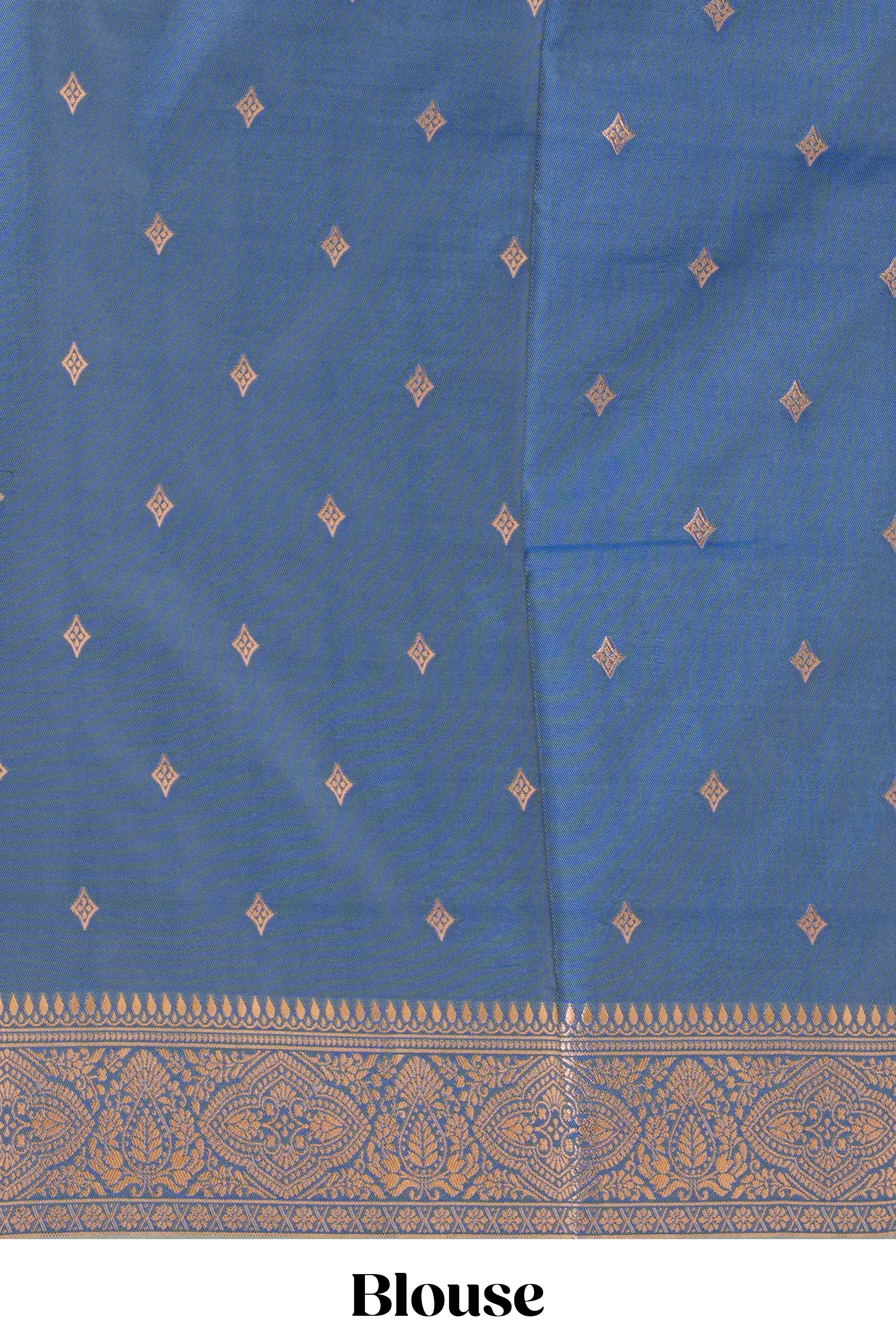 Tempered grey striped zari motifs design semi soft silk saree with contrast zari border and motifs blouse
