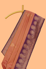 Orange striped zari motifs design semi soft silk saree with contrast zari border and motifs blouse