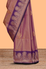 Dark peach striped zari motifs design semi soft silk saree with contrast zari border and motifs blouse