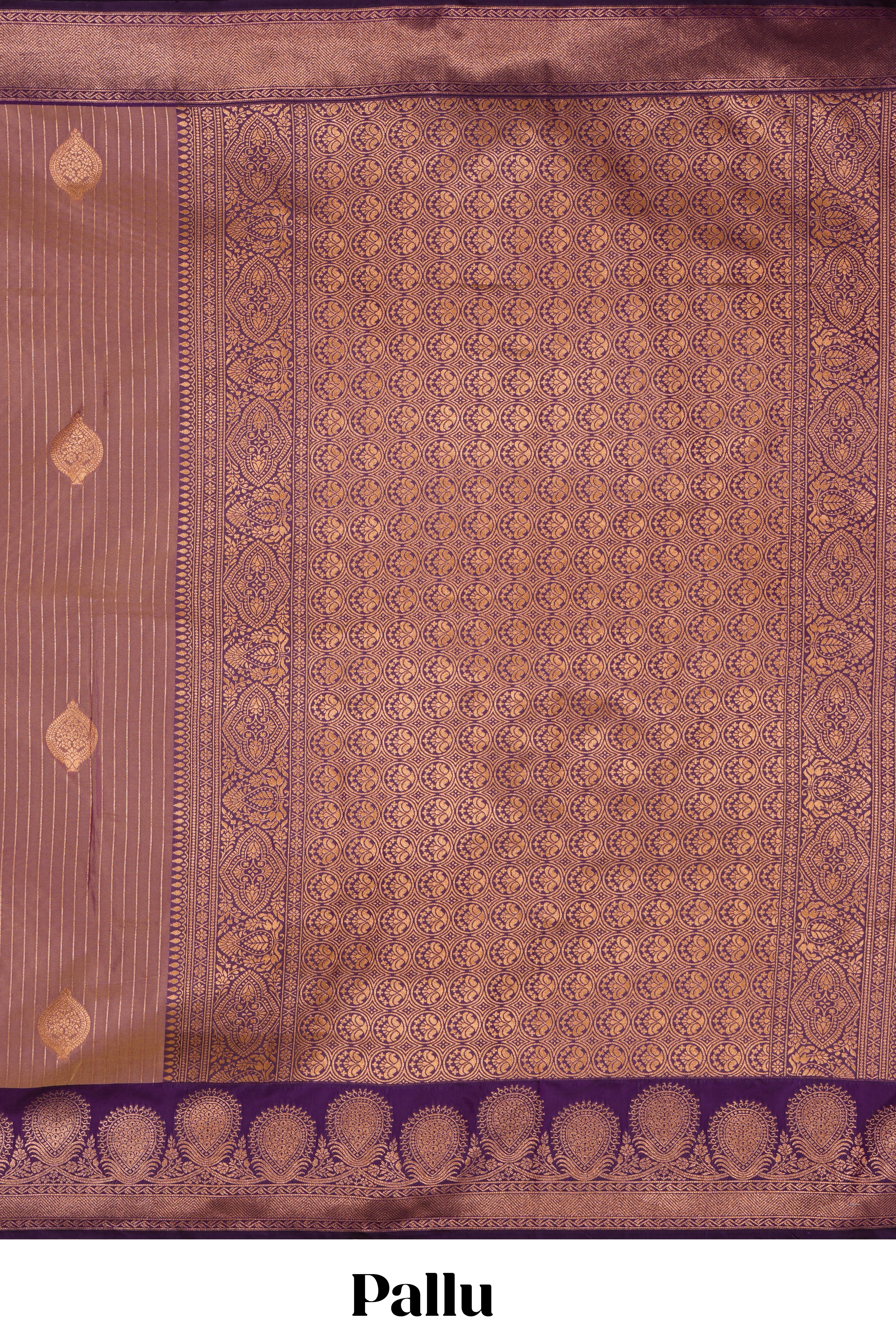 Dark peach striped zari motifs design semi soft silk saree with contrast zari border and motifs blouse