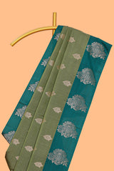 Green striped zari motifs design semi soft silk saree with contrast zari border and plain blouse