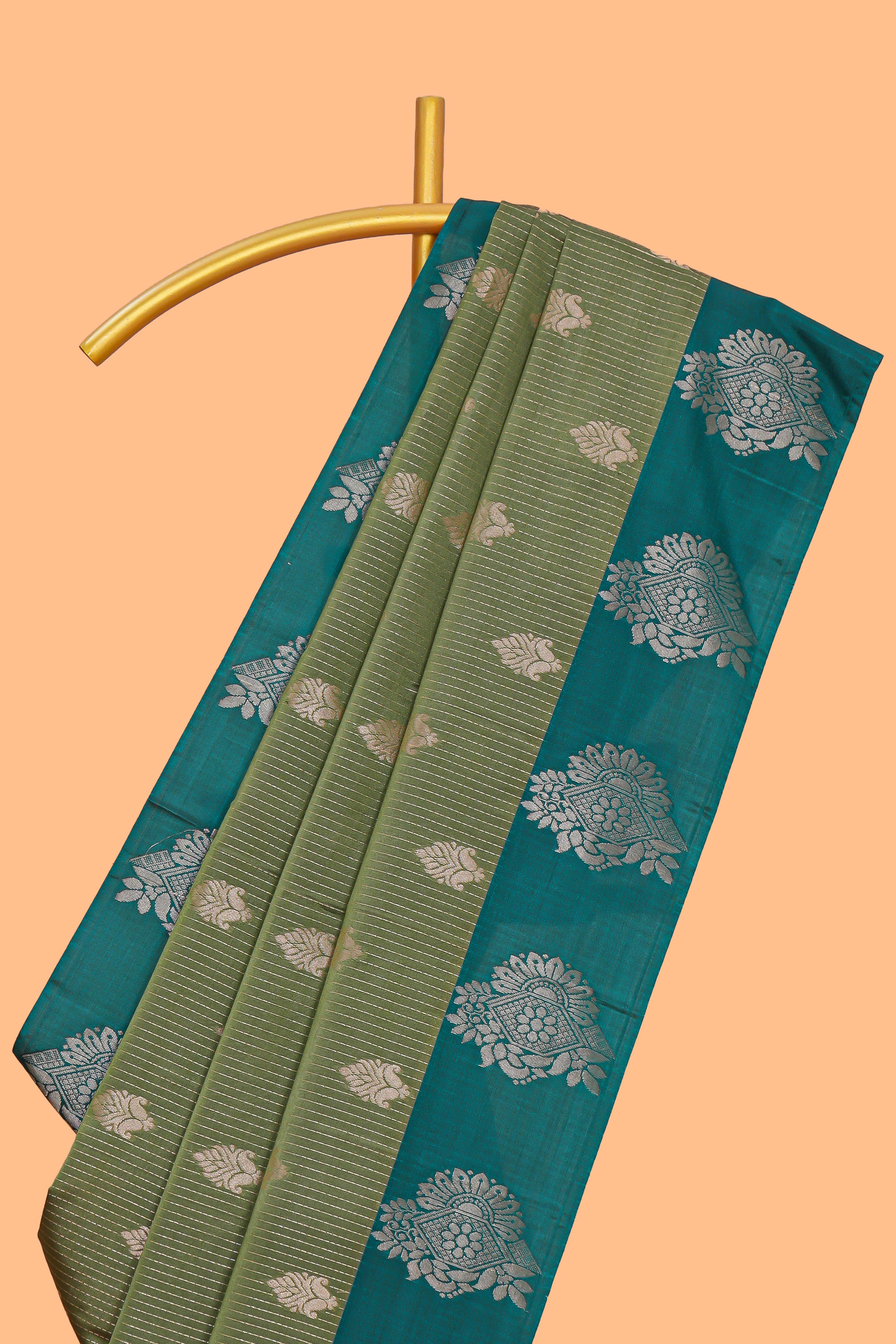 Green striped zari motifs design semi soft silk saree with contrast zari border and plain blouse