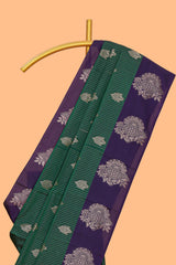 Dark green striped zari motifs design semi soft silk saree with contrast zari border and plain blouse