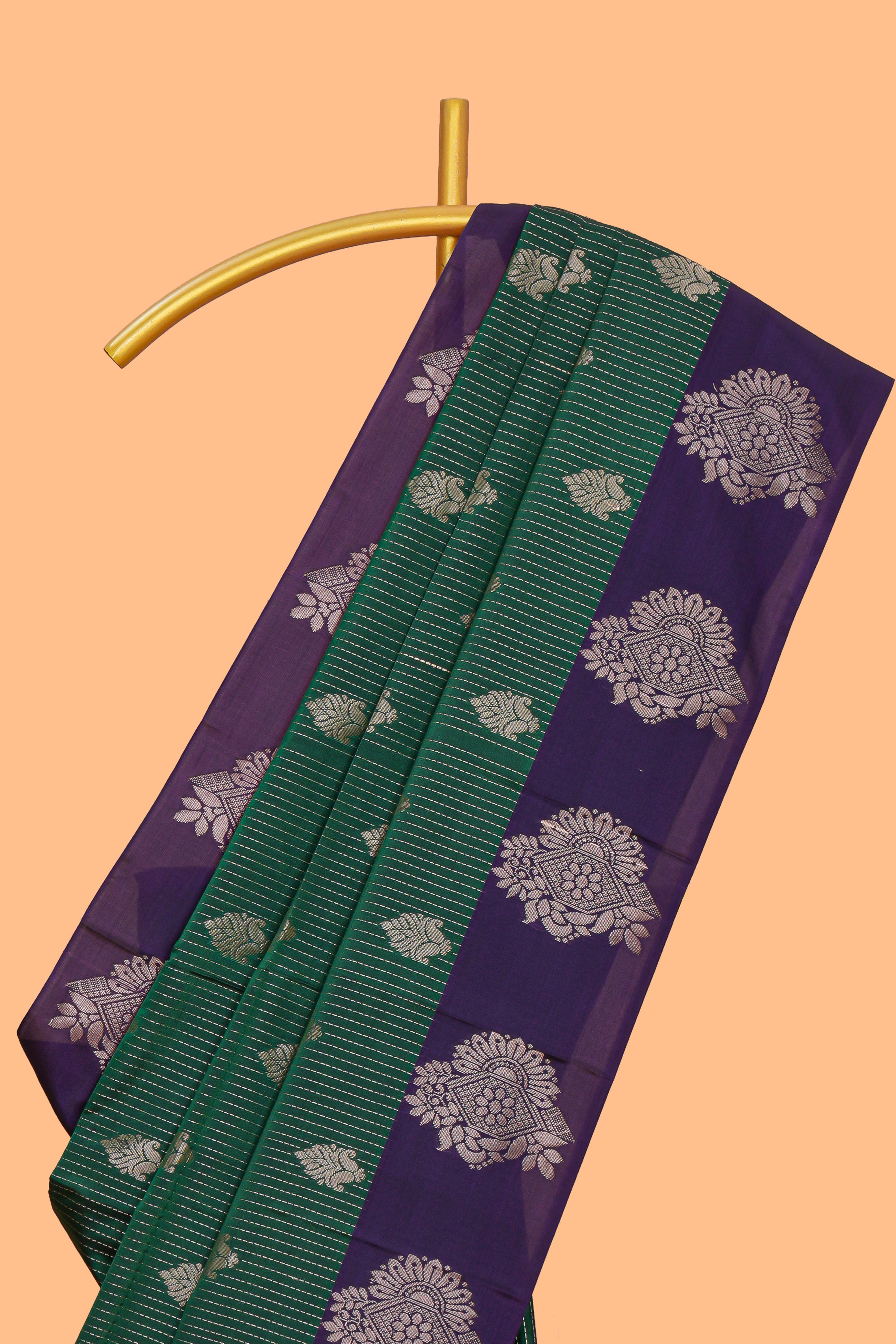 Dark green striped zari motifs design semi soft silk saree with contrast zari border and plain blouse