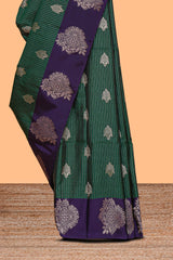 Dark green striped zari motifs design semi soft silk saree with contrast zari border and plain blouse