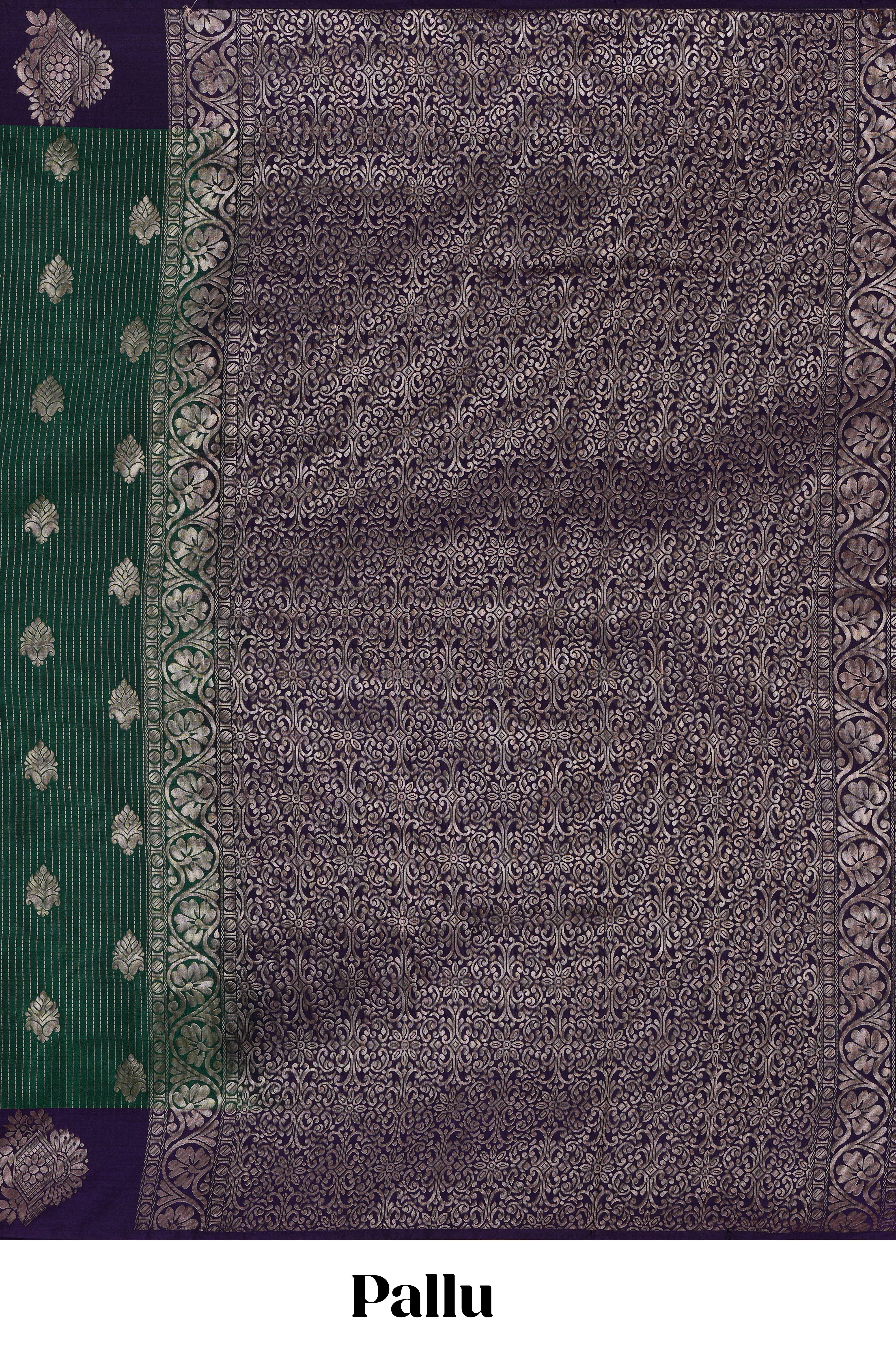 Dark green striped zari motifs design semi soft silk saree with contrast zari border and plain blouse