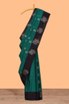 Pine green zari motifs design semi soft silk saree with contrast zari border and plain blouse