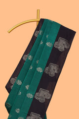 Pine green zari motifs design semi soft silk saree with contrast zari border and plain blouse