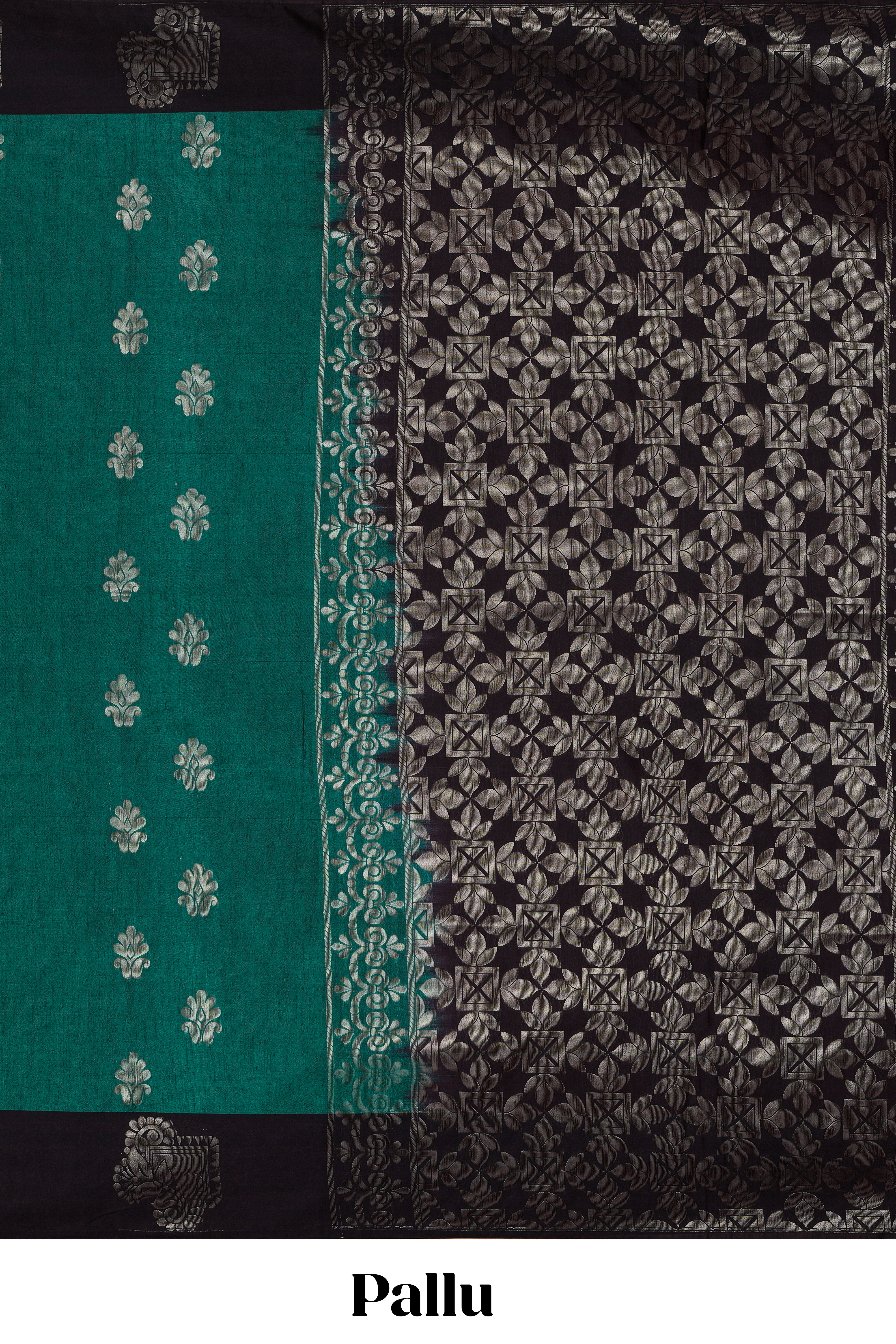 Pine green zari motifs design semi soft silk saree with contrast zari border and plain blouse