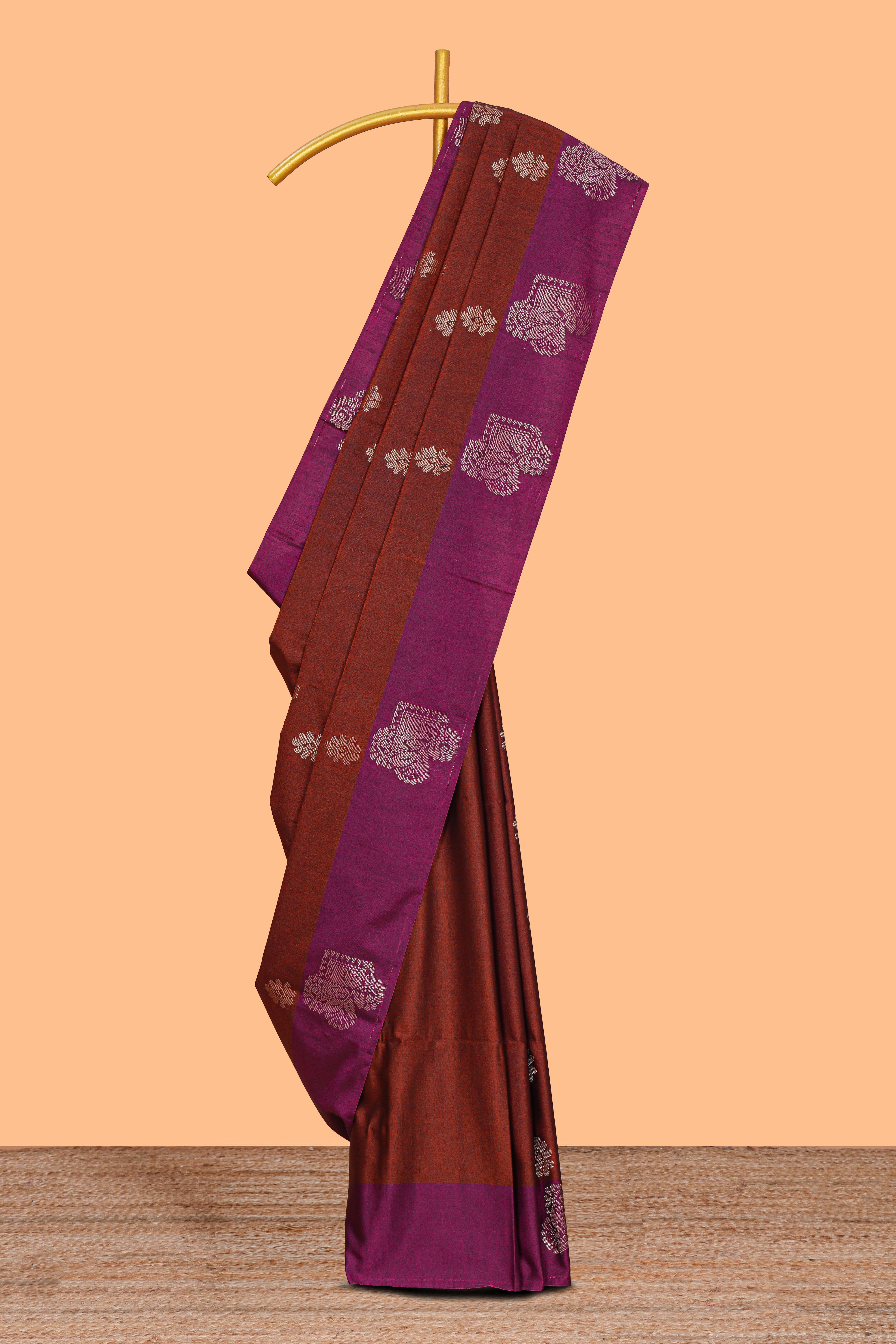 Rust orange zari motifs design semi soft silk saree with contrast zari border and plain blouse