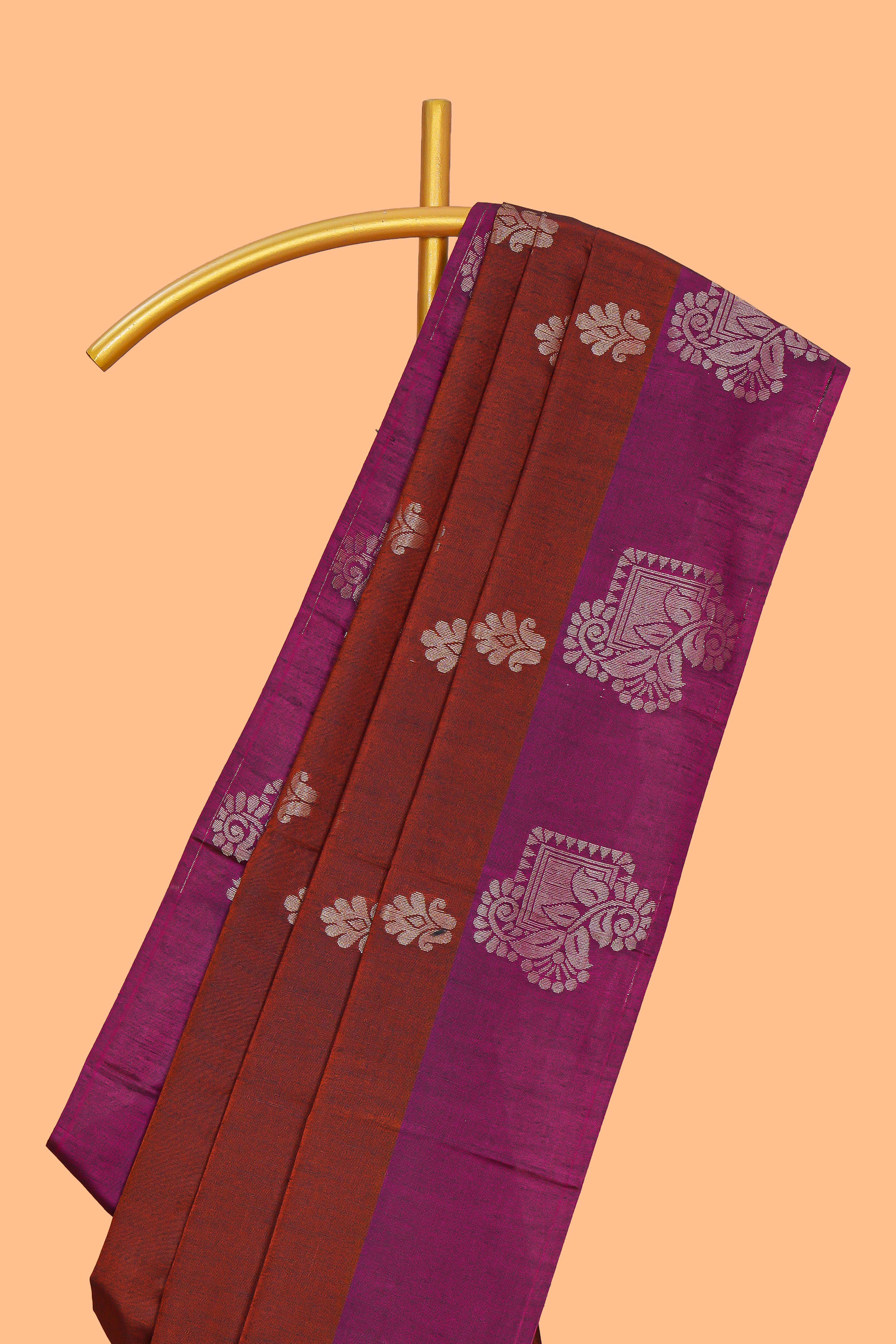 Rust orange zari motifs design semi soft silk saree with contrast zari border and plain blouse
