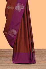 Rust orange zari motifs design semi soft silk saree with contrast zari border and plain blouse