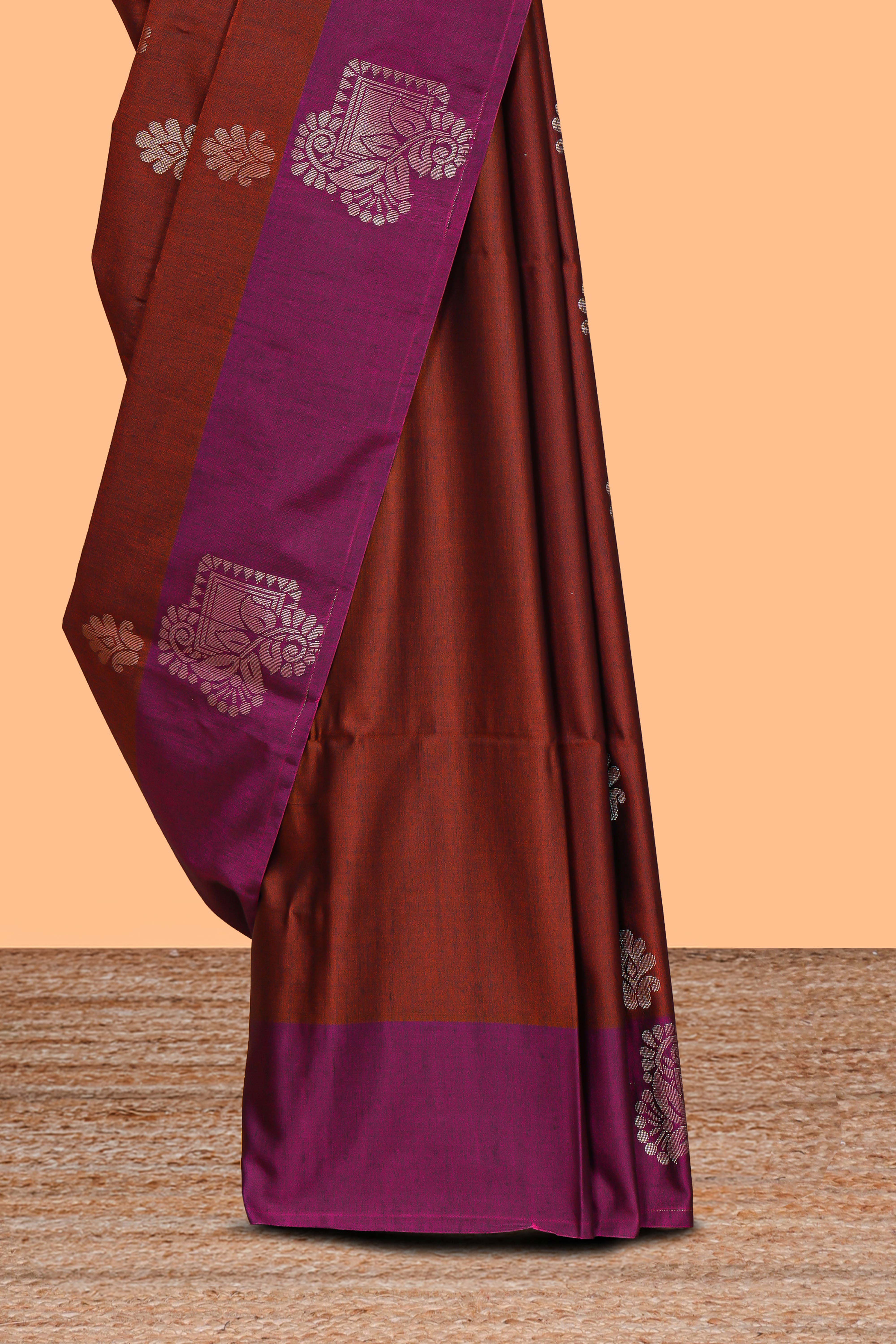 Rust orange zari motifs design semi soft silk saree with contrast zari border and plain blouse