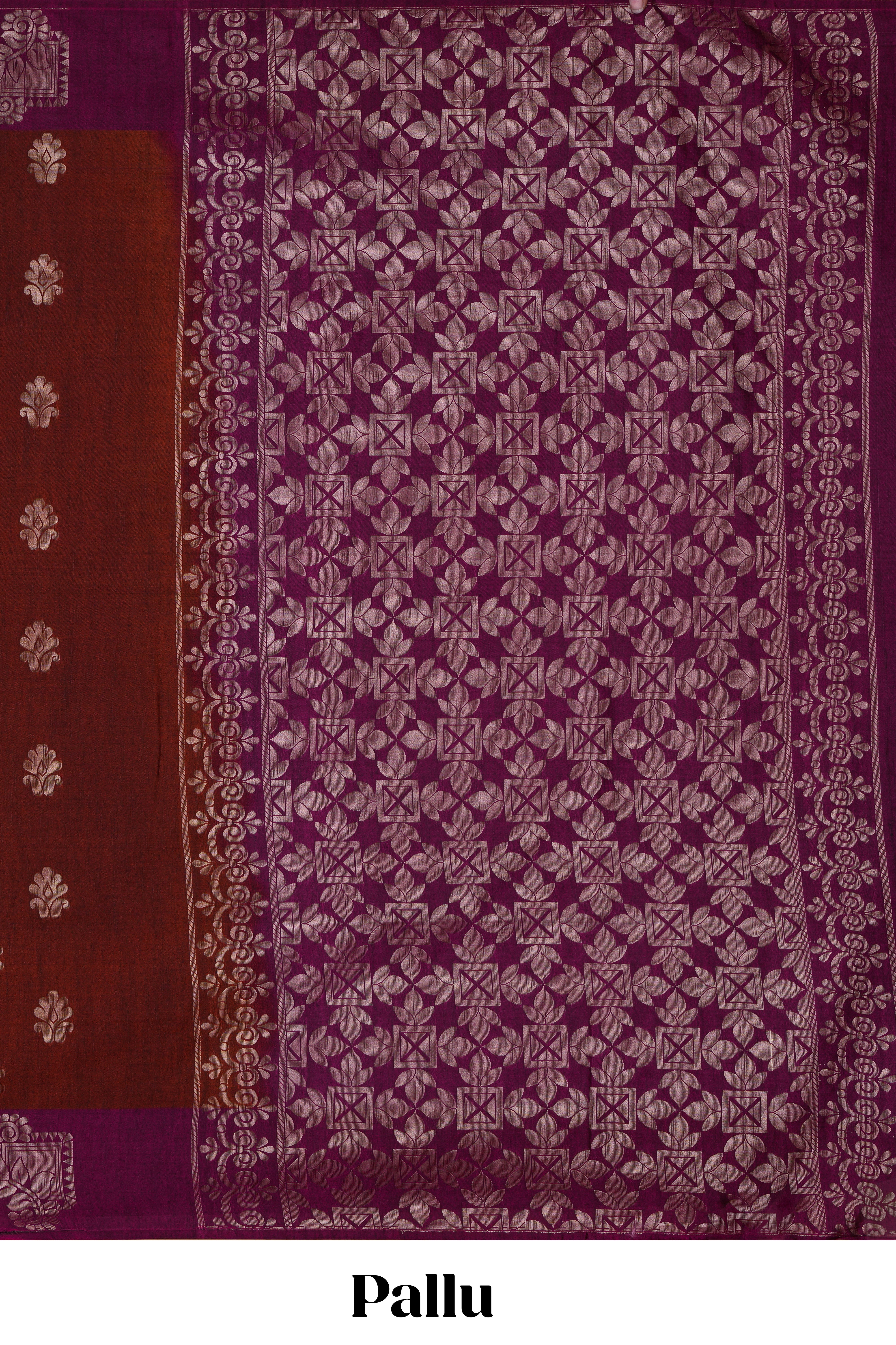 Rust orange zari motifs design semi soft silk saree with contrast zari border and plain blouse