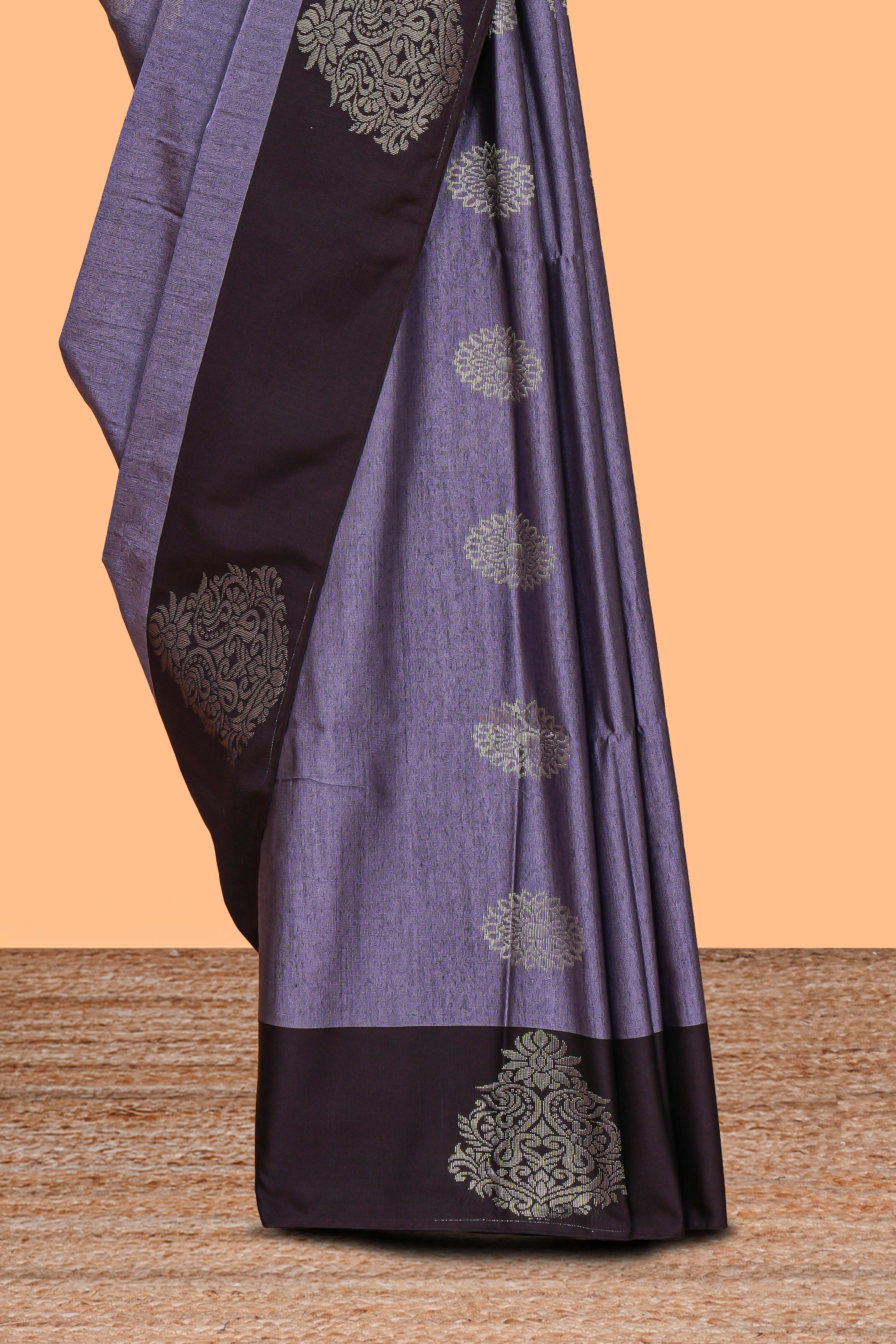Lavender zari motifs design semi soft silk saree with contrast zari border and plain blouse