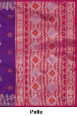 Electric lavender zari motifs design semi soft silk saree with self zari border and contrast motifs blouse