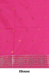 Electric lavender zari motifs design semi soft silk saree with self zari border and contrast motifs blouse