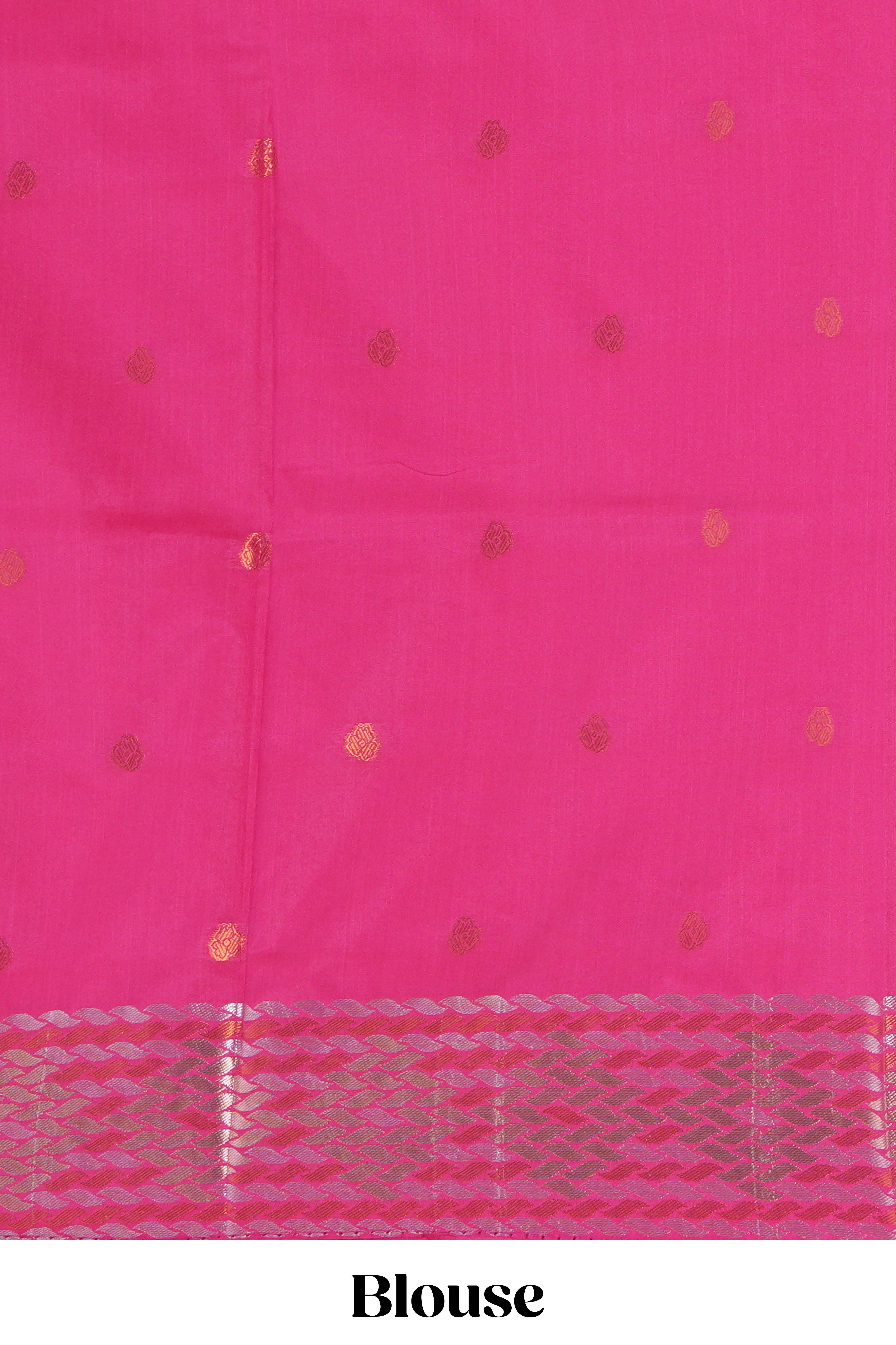 Electric lavender zari motifs design semi soft silk saree with self zari border and contrast motifs blouse