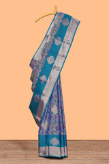 Grey floral veins zari motifs design semi soft silk saree with contrast zari border and multi color blouse