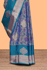 Grey floral veins zari motifs design semi soft silk saree with contrast zari border and multi color blouse