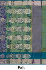 Grey floral veins zari motifs design semi soft silk saree with contrast zari border and multi color blouse