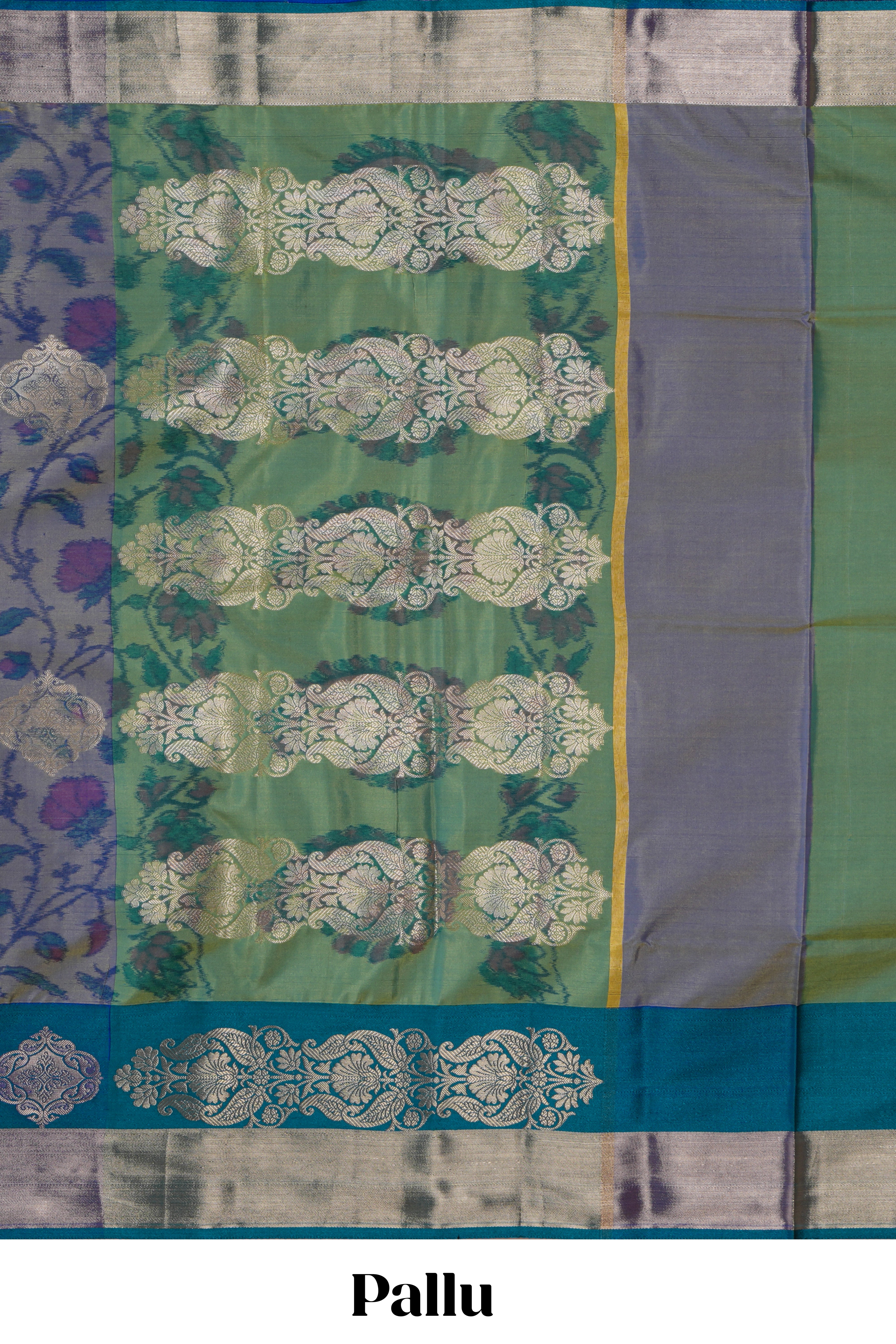 Grey floral veins zari motifs design semi soft silk saree with contrast zari border and multi color blouse