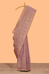 Faded peach zari motifs design semi soft silk saree with self zari border and contrast zari blouse