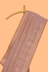 Faded peach zari motifs design semi soft silk saree with self zari border and contrast zari blouse