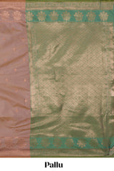 Faded peach zari motifs design semi soft silk saree with self zari border and contrast zari blouse