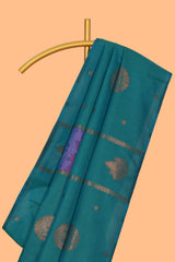 Borderless green zari motifs design semi soft silk saree with contrast pallu and motifs blouse